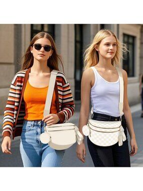 Women's Beige Checkered Crossbody Bum Bag Nylon Belt Purse Wallets Extra Strap
